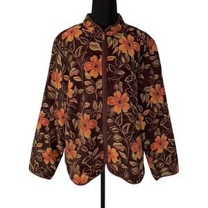VTG Avalon Floral Tapestry Zip Up Jacket Women XL Brown Orange Botanical 90s
9